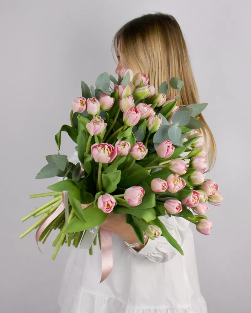 Elegant pink tulip bouquet with eucalyptus