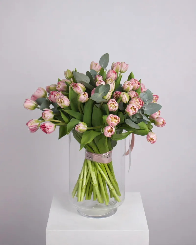 Elegant pink tulip bouquet with eucalyptus