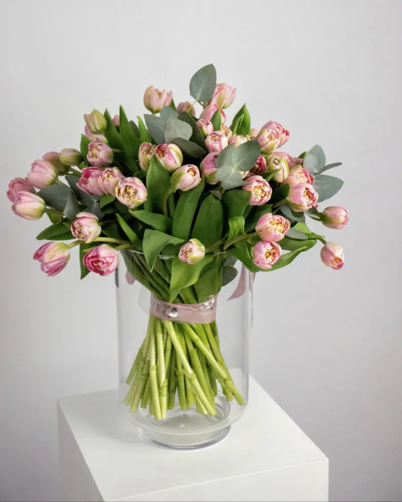 Elegant pink tulip bouquet with eucalyptus
