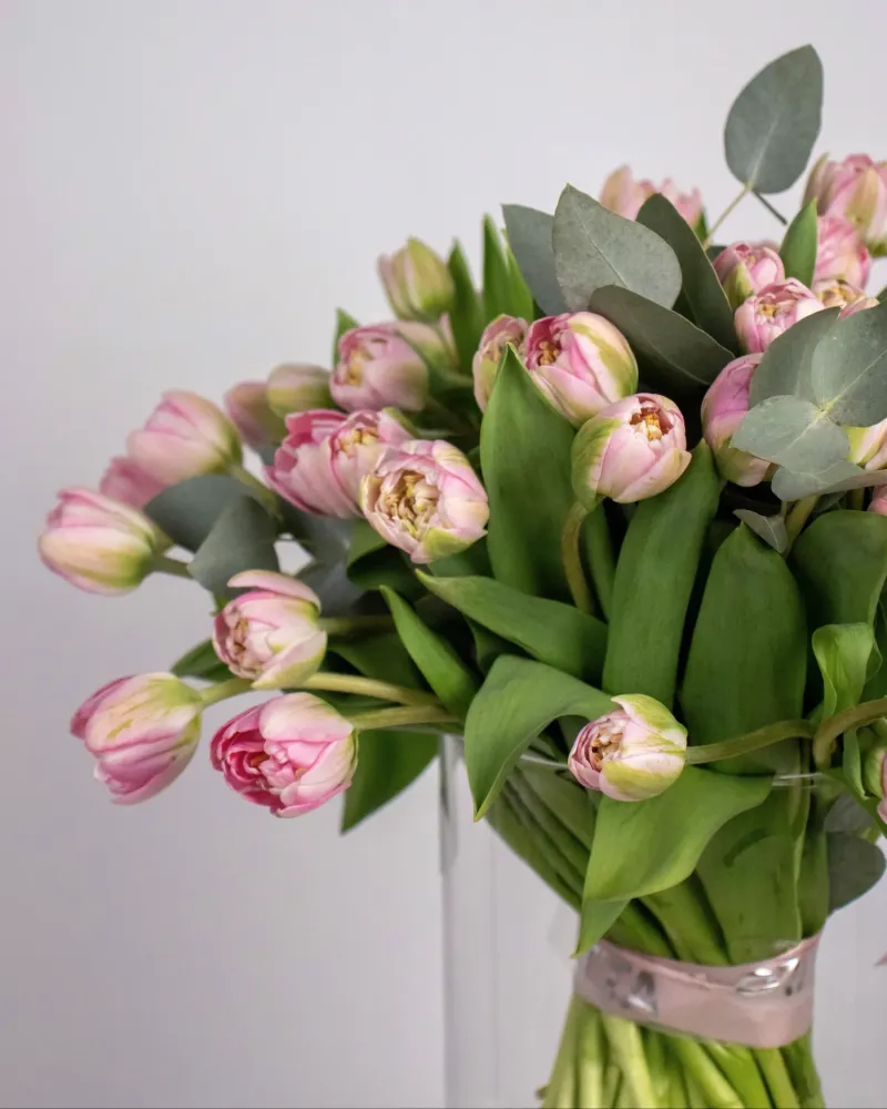 Elegant pink tulip bouquet with eucalyptus
