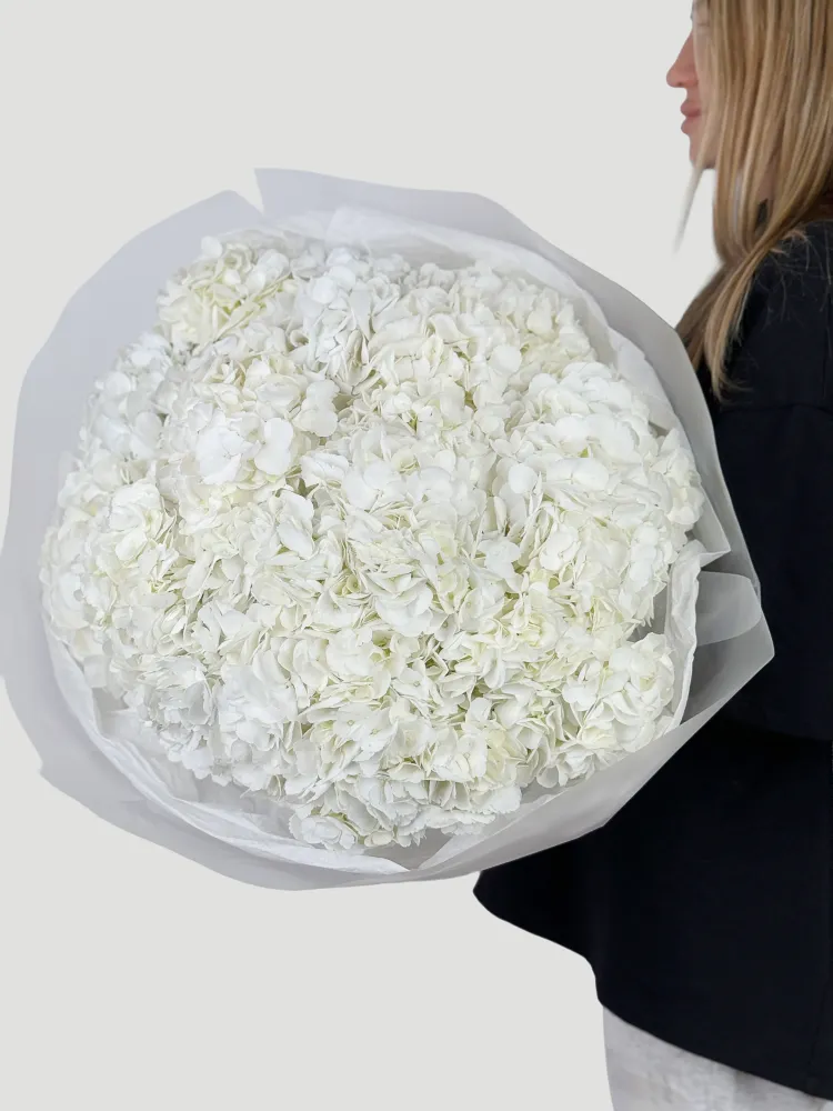 Generous white hydrangea bouquet with aspidistra greenery in white wrap — Floritta