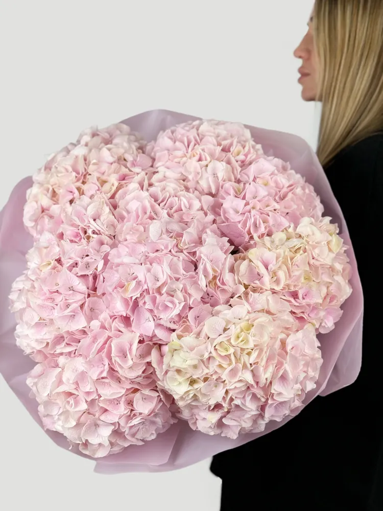 Luxe pink and cream hydrangea bouquet in tissue wrap — Floritta
