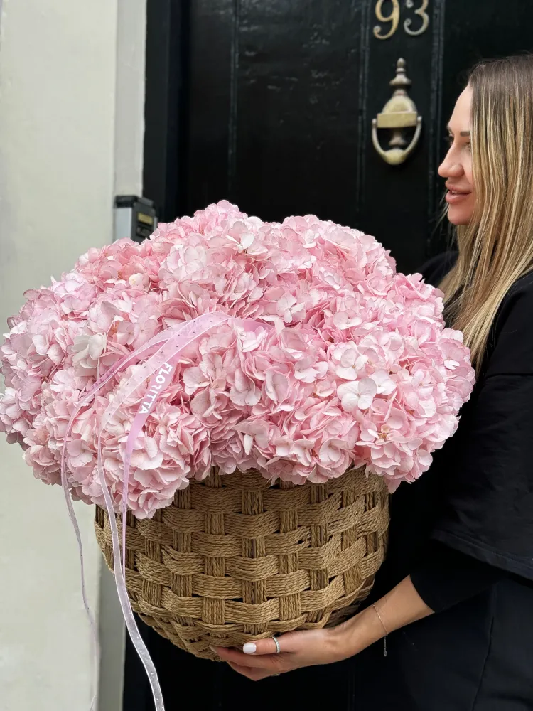 Basket of 20 pink hydrangeas with satin ribbons