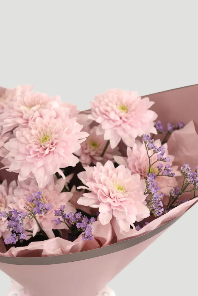 Soft pink chrysanthemum bouquet with lavender accents