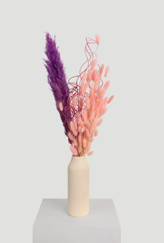 Purple and pink dried pampas grass bouquet in cream vase — Floritta