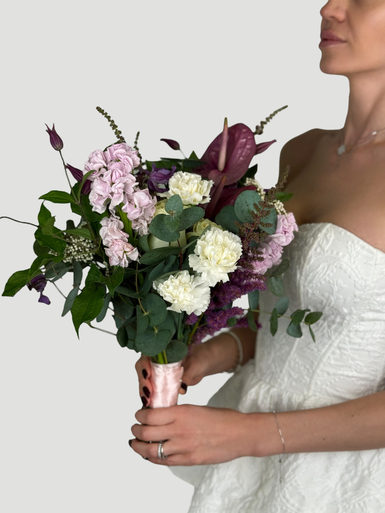 Blush pink peonies and cream carnations with deep plum anthurium — Floritta luxury bridal bouquet