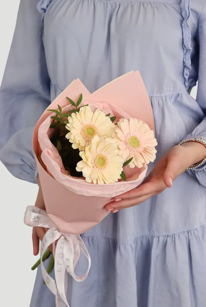 Cream gerbera daisies with eucalyptus in blush tissue wrap — Floritta