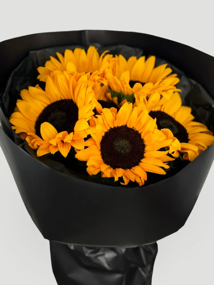 Vibrant sunflower bouquet in black wrap — Floritta