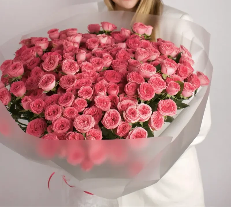 Luxurious bouquet of full pink garden roses in white tissue wrap — Floritta