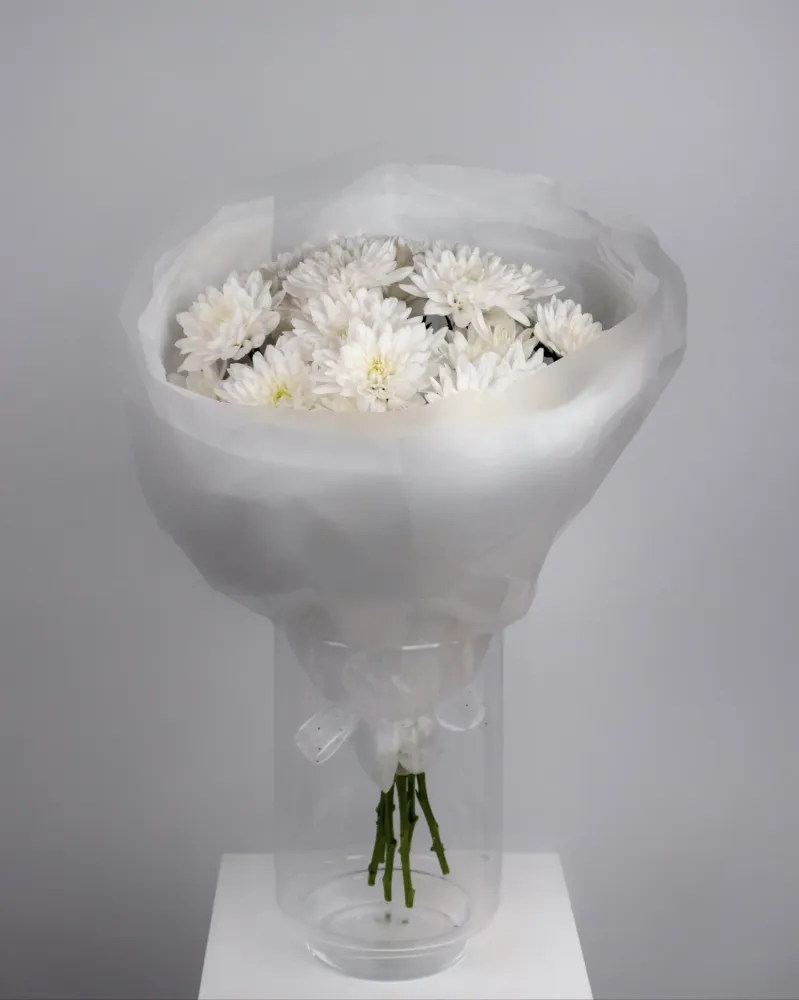 Full white chrysanthemum hand-tied posy with tissue paper — Floritta