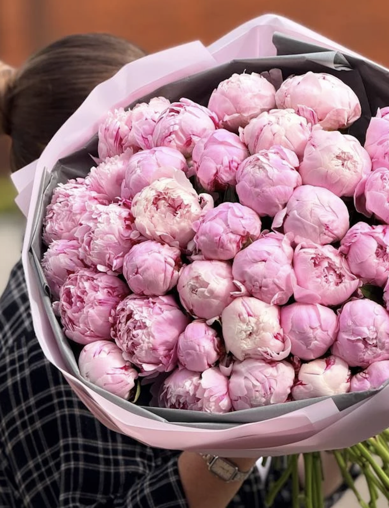 35 pink peony bouquet in grey wrapping