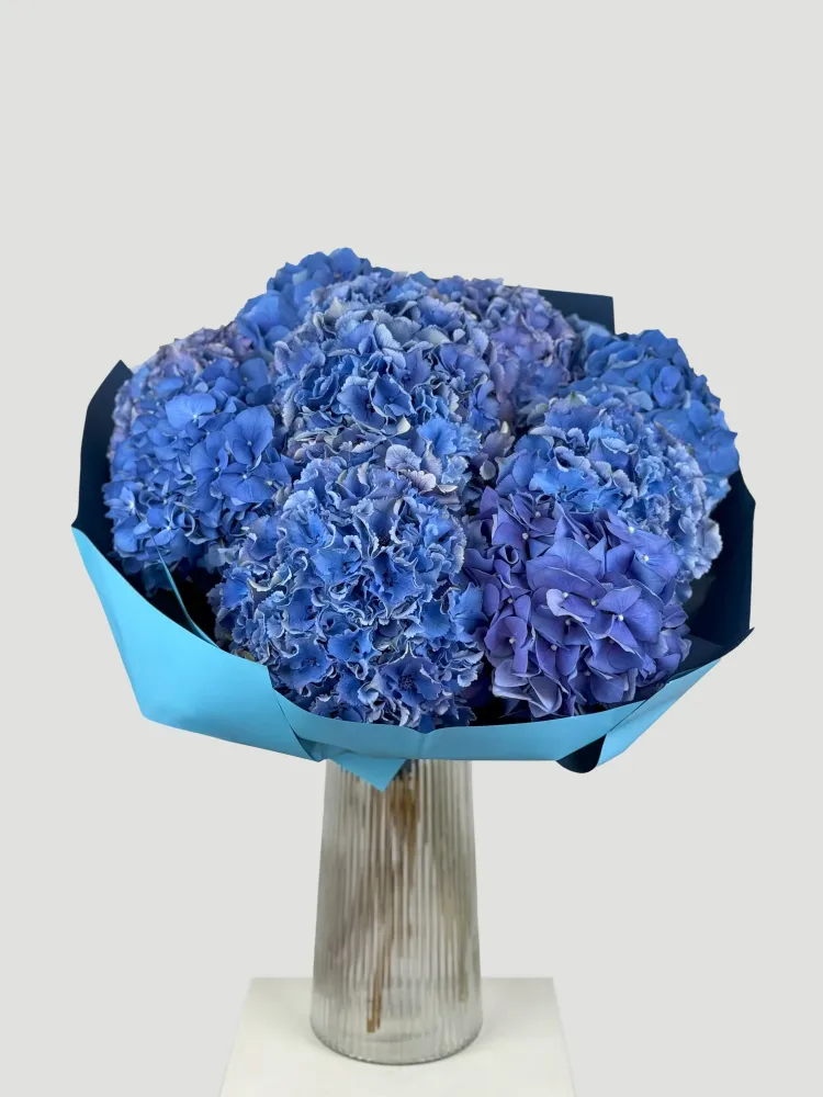 Luxurious blue hydrangea bouquet in turquoise wrap — Floritta