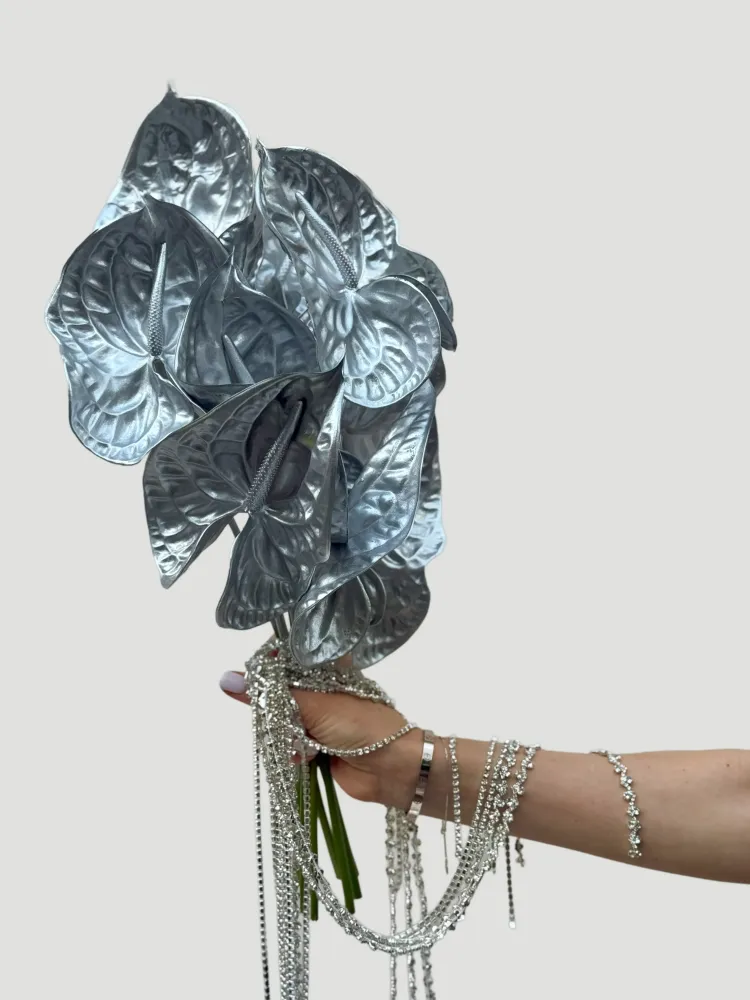 Charcoal metallic anthuriums with silver beaded wrap — Floritta