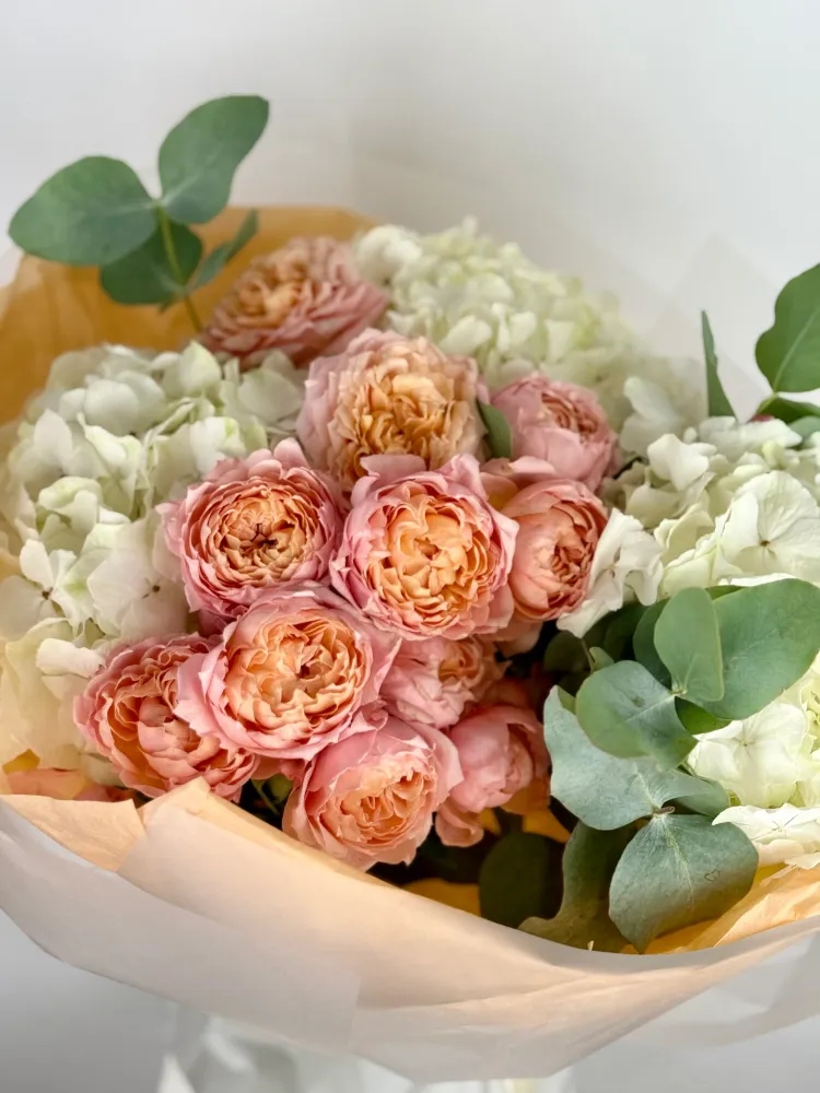 Peach cloud (hydrangeas & peony spray roses)