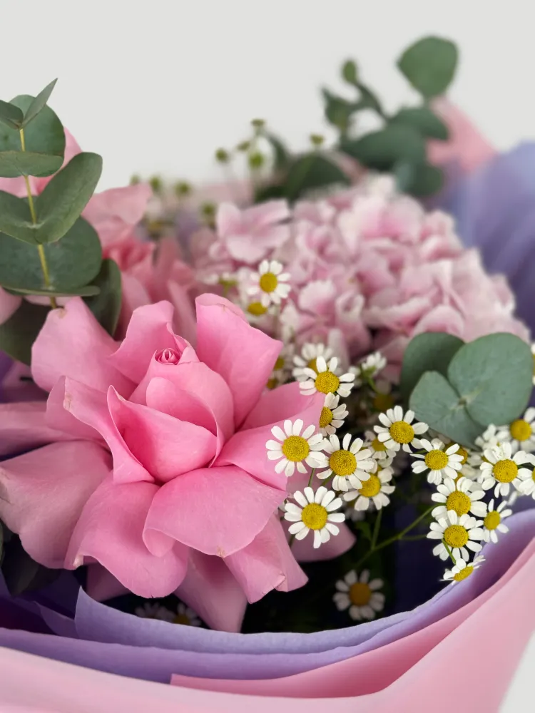 Pink roses and carnations with white daisies, eucalyptus — Floritta