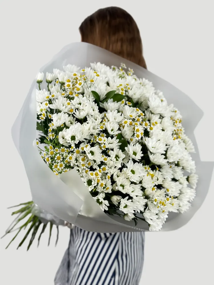 Full white daisy and chamomile bouquet with yellow centres, white paper wrap — Floritta
