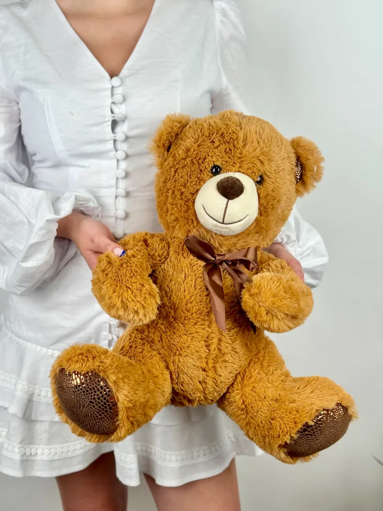 Cuddly golden teddy bear with brown ribbon bow — Floritta gift