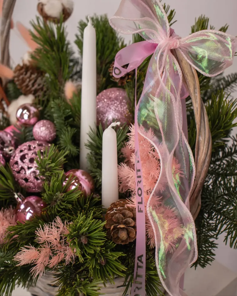 Christmas basket arrangement with Candles and Ornaments