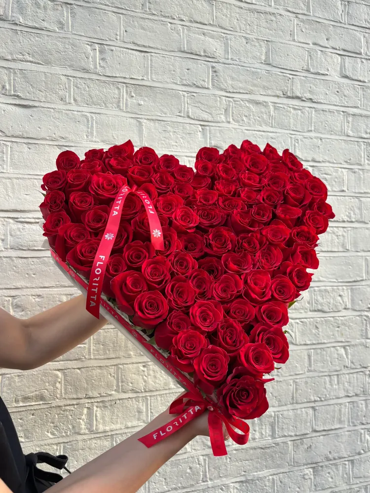 Luxurious red rose heart arrangement with Floritta ribbon — same-day delivery London