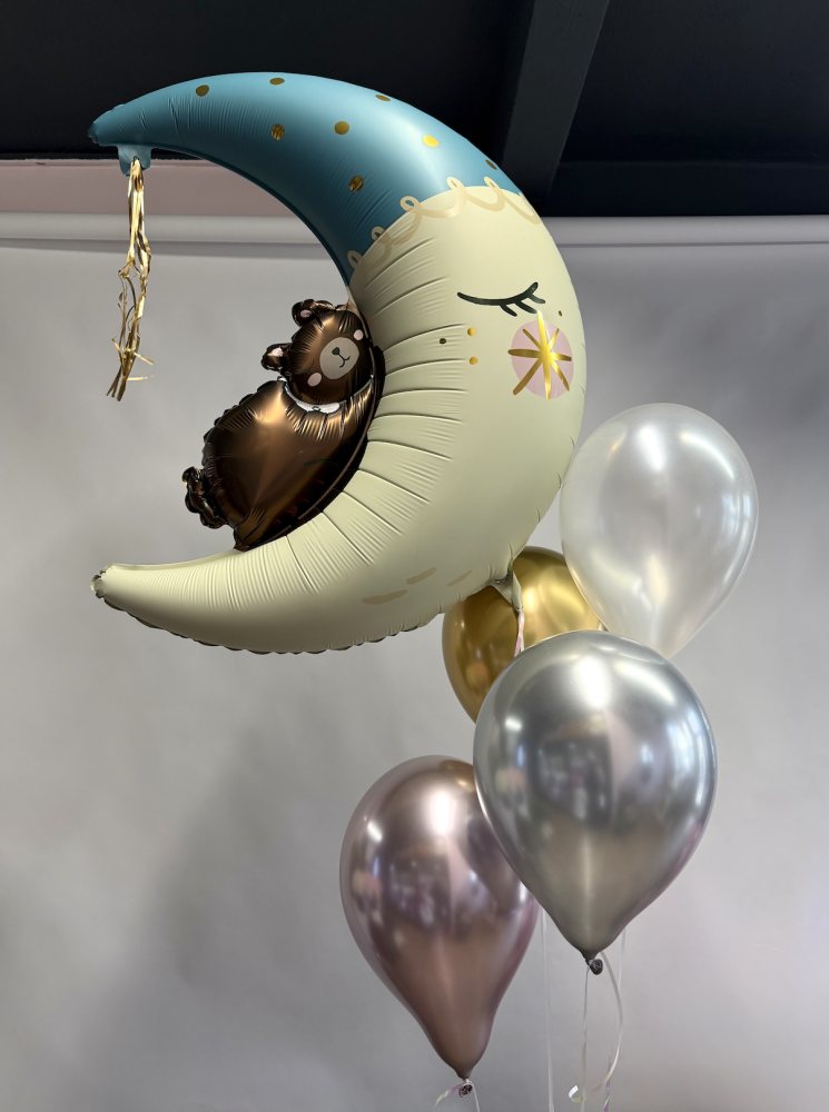 Whimsical moon and bear balloon cluster with metallic accents by Floritta