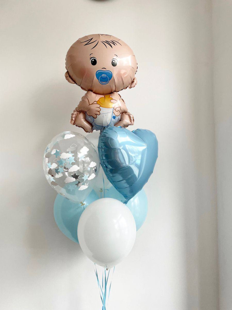 Baby boy balloon bouquet with foil baby character, heart and confetti balloons — Floritta