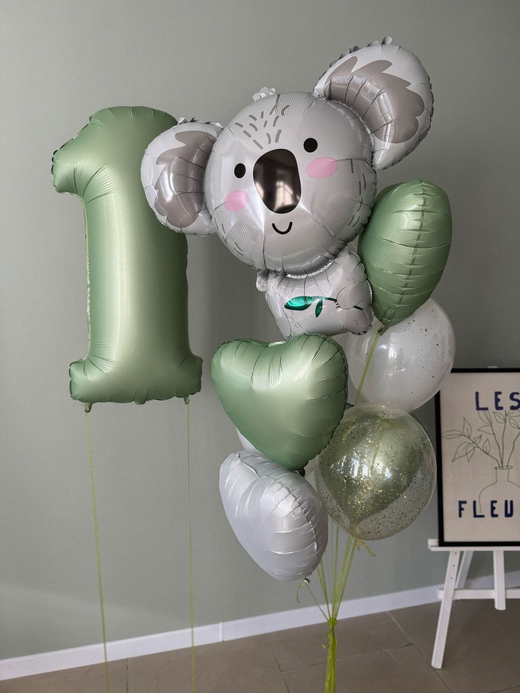Koala character and number one balloon bouquet in white, sage green, and gold — Floritta