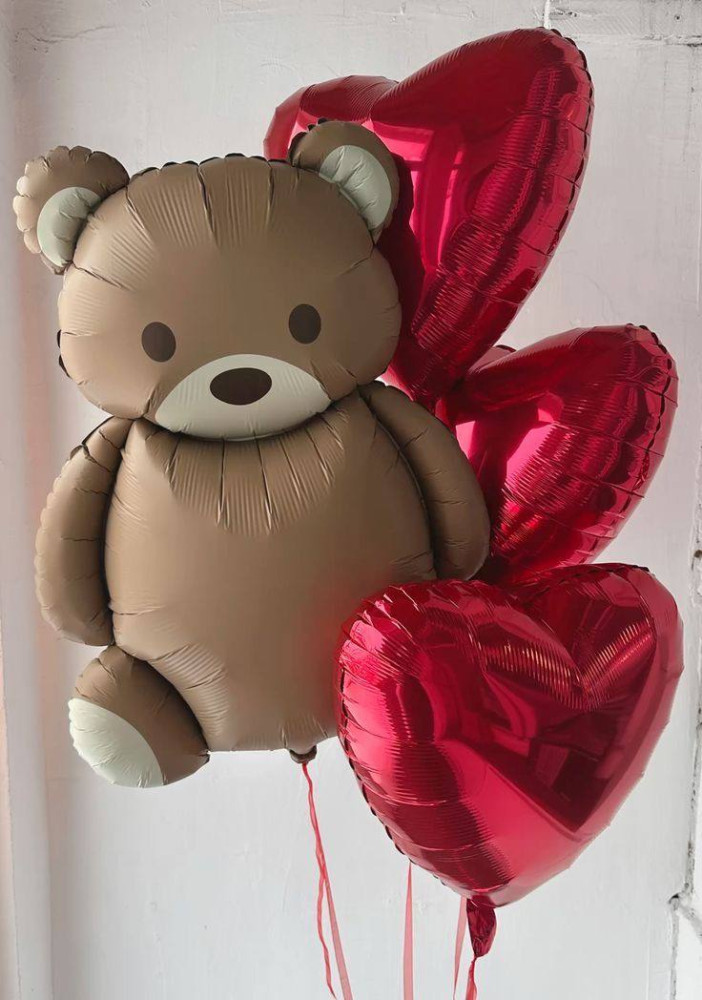 Teddy bear foil balloon with red heart balloons — Floritta