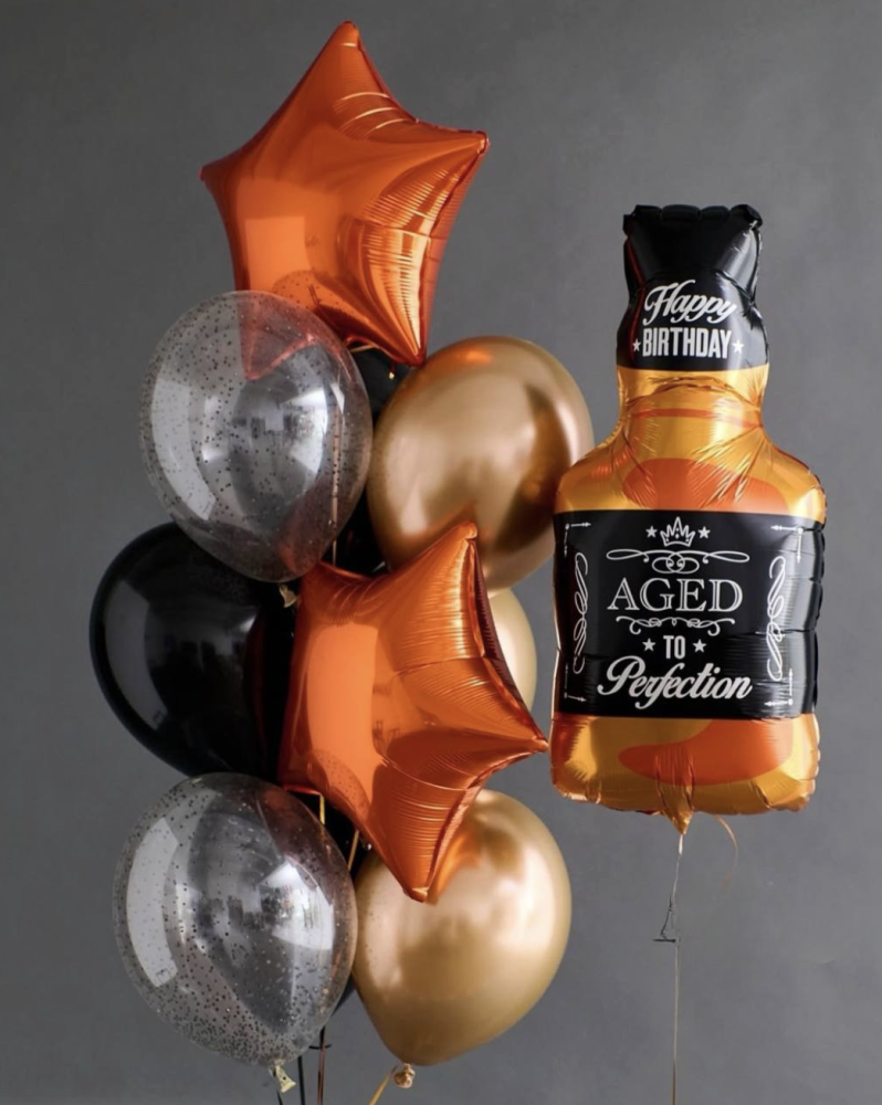 Orange star and metallic balloon bouquet with birthday bottle balloon — Floritta