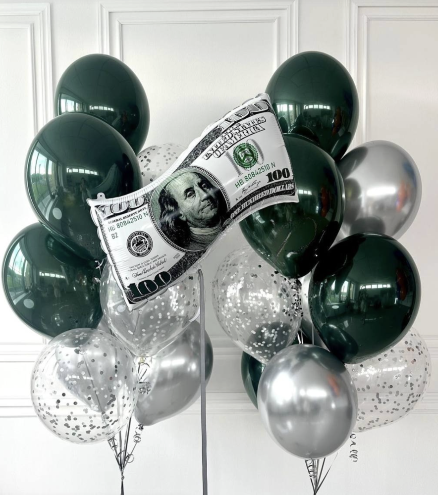 Luxury balloon bunch with forest green and silver balloons, dollar note accent — Floritta