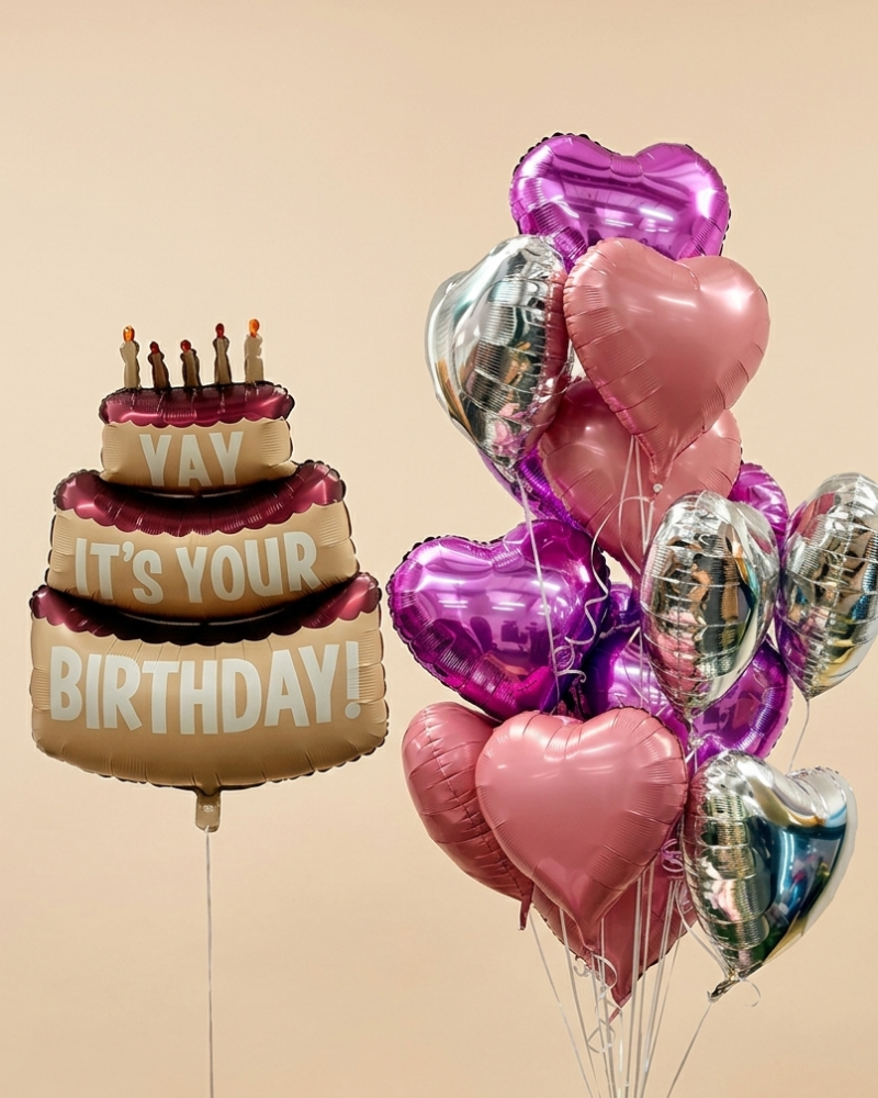Purple and pink foil heart balloons with silver accents and birthday cake balloon — Floritta