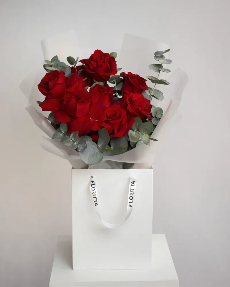 Full red rose arrangement with eucalyptus greenery, Floritta luxury gift box