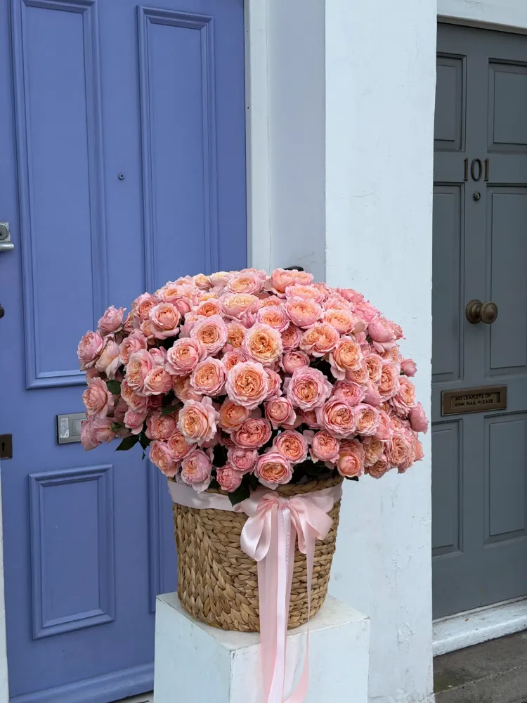 Abundant peach and pink garden roses in seagrass container — Floritta