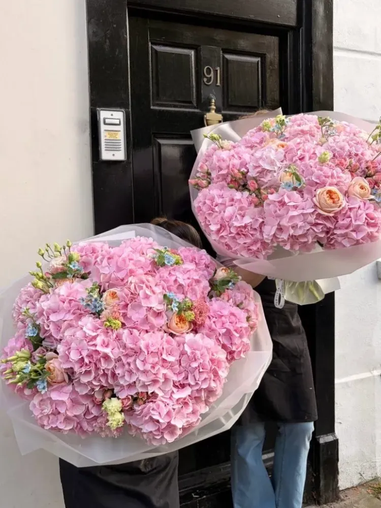 Luxurious pink hydrangea and garden rose bouquets with skimmia, wrapped — Floritta