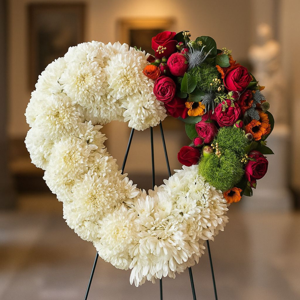 Cream chrysanthemum wreath with red roses, ranunculus and eryngium — Floritta