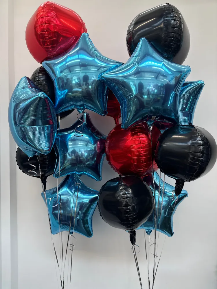 Red, black and cyan blue foil balloon bouquet arrangement — Floritta