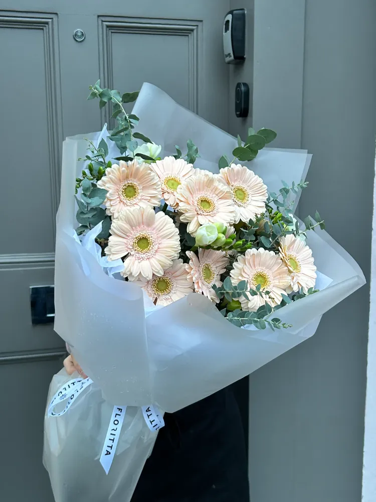 Blush gerbera and eucalyptus hand-tied bouquet in white wrap — Floritta