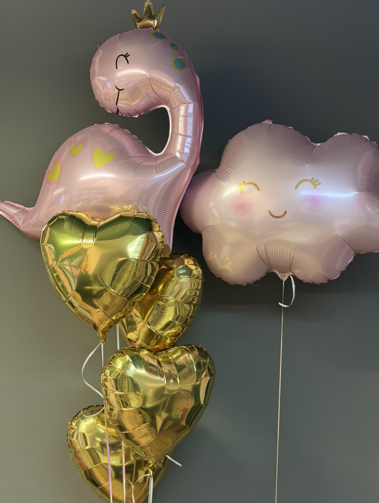 Pink unicorn and cloud foil balloons with gold hearts — Floritta