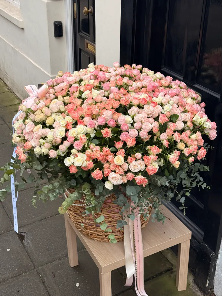 Luxe domed arrangement of pink, peach and cream roses with eucalyptus — Floritta