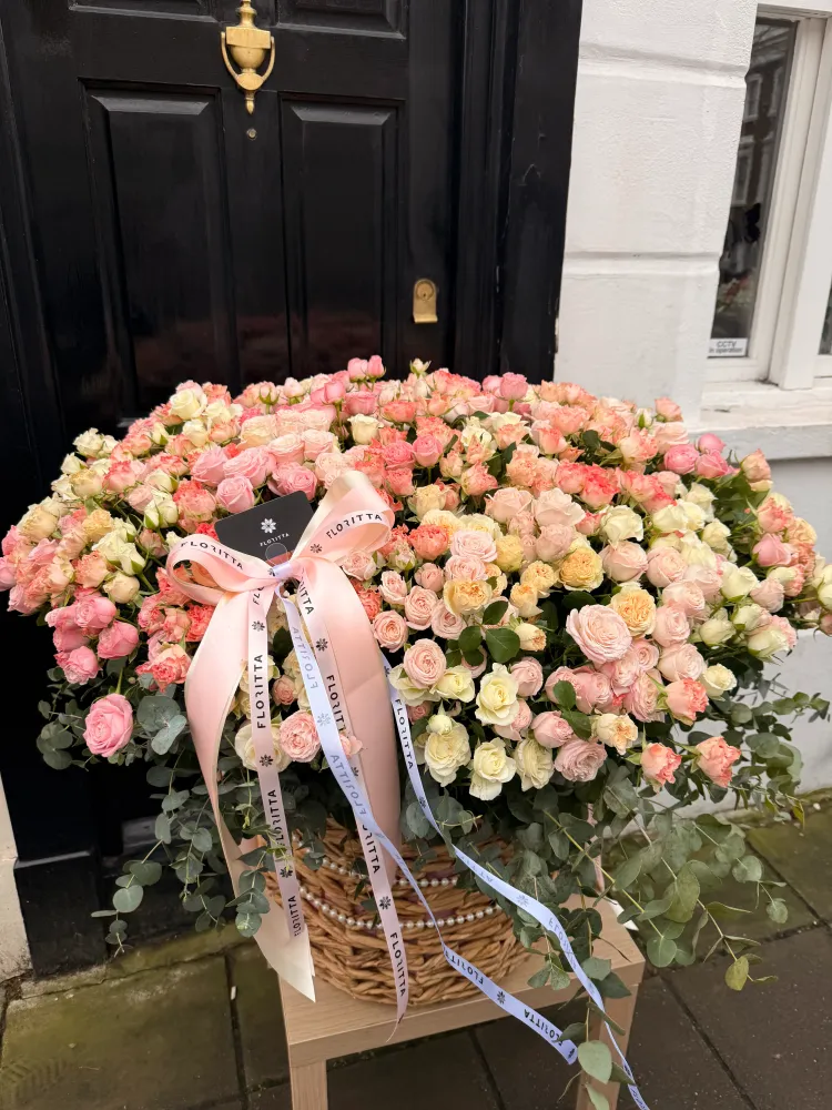 Full premium rose dome in blush, coral and ivory tones with eucalyptus — Floritta