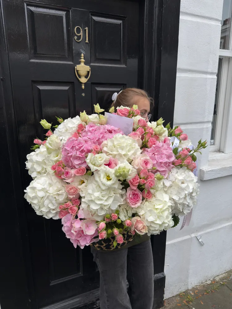 Pastel manor bloom basket (hydrangeas, spray roses & eustomas)