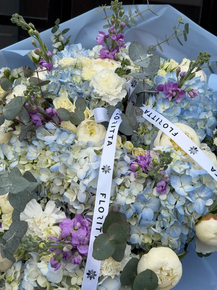 Soft blue structure (hydrangeas, delphinium & peonies)