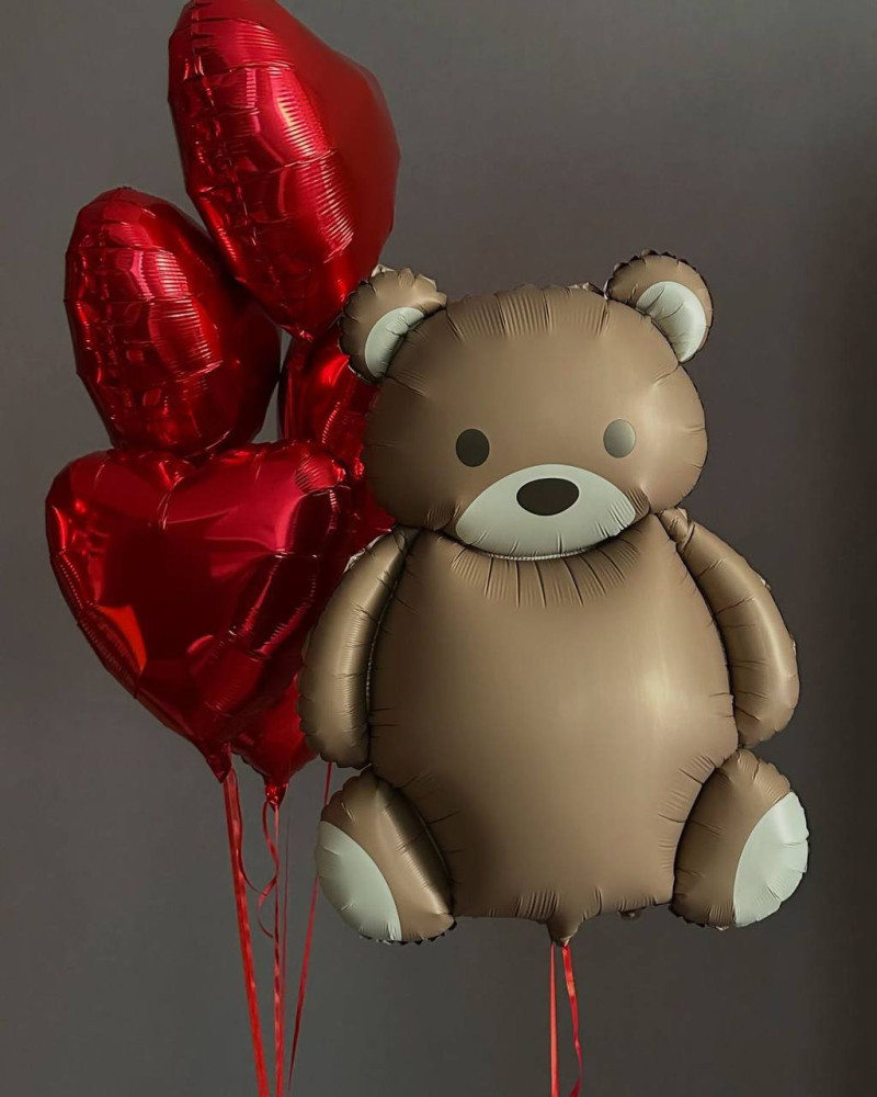 Teddy bear foil balloon with red heart balloons — Floritta
