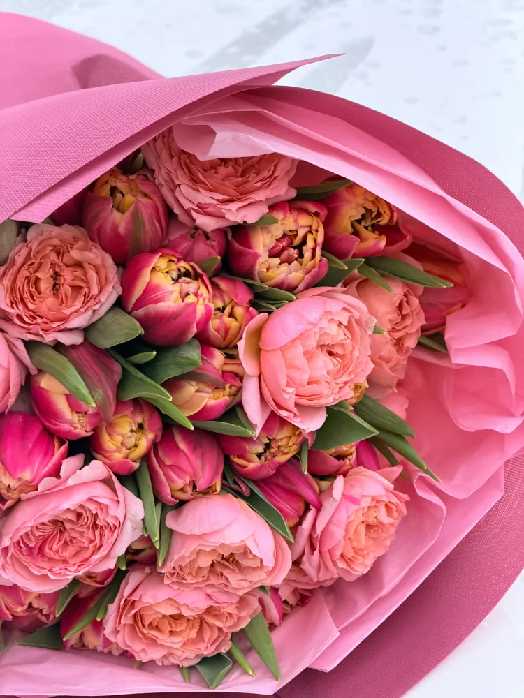 Coral reverie (peony spray roses & tulips)