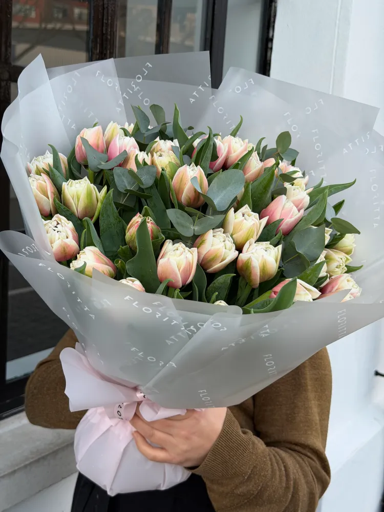 Luxe bouquet of blush tulips and ranunculus with eucalyptus, Floritta