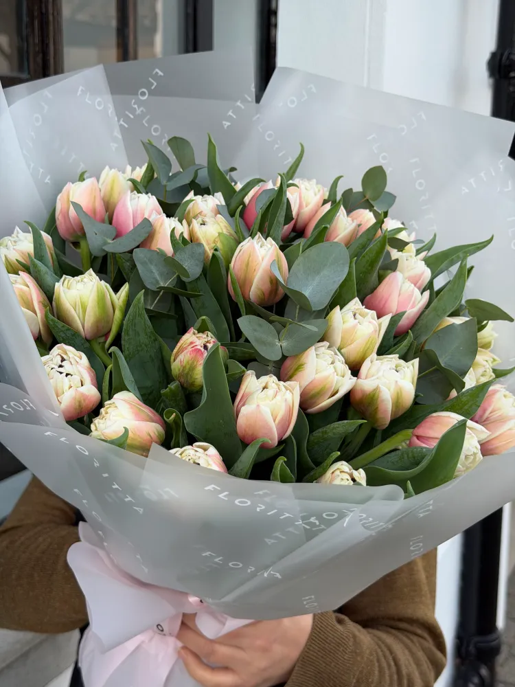 Romantic blush tulips and ranunculus wrapped bouquet with eucalyptus, Floritta