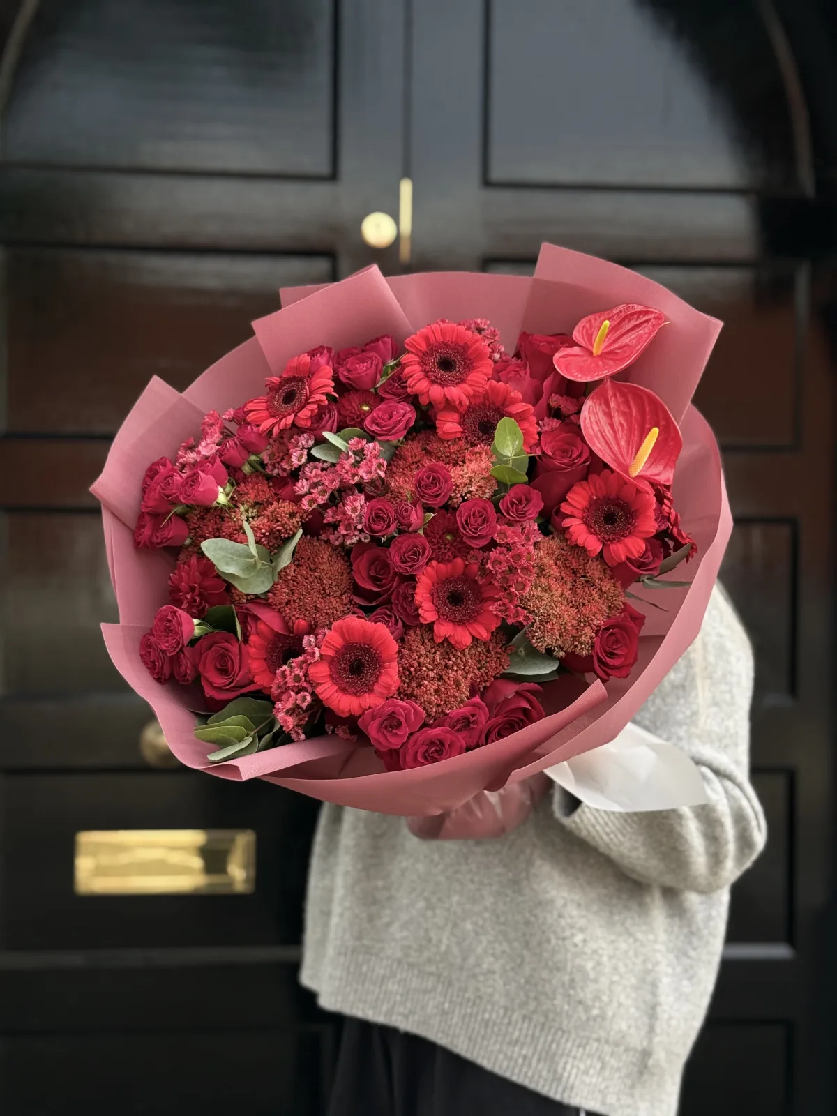 Velvet ember mix (roses, anthurium, chrysanthemums & skimmia)