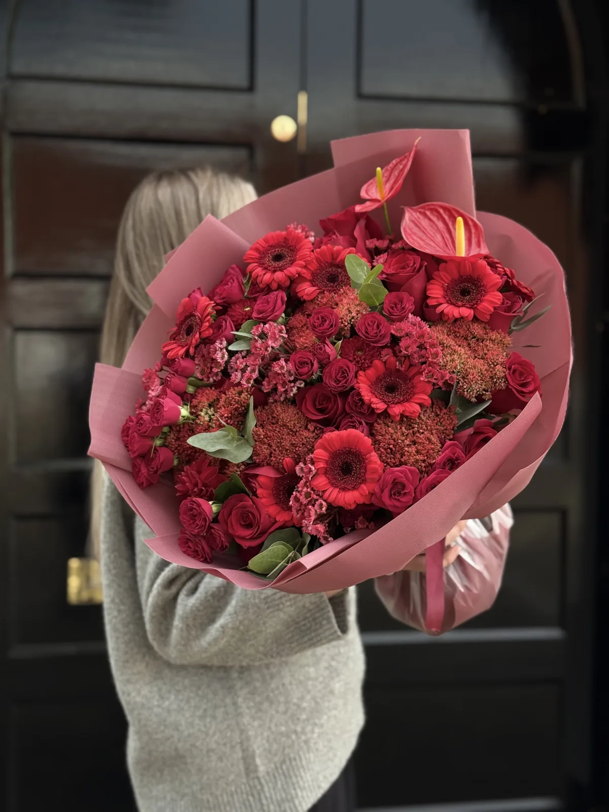 Velvet ember mix (roses, anthurium, chrysanthemums & skimmia)