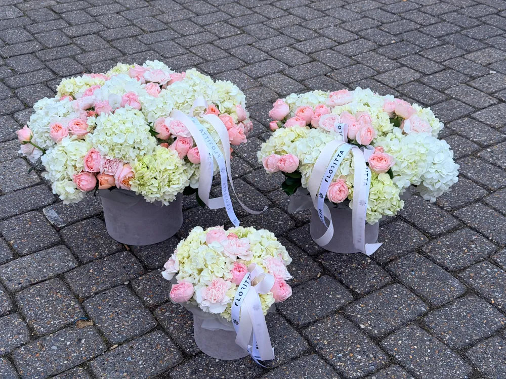 Garden of three promises (hydrangeas & spray roses)