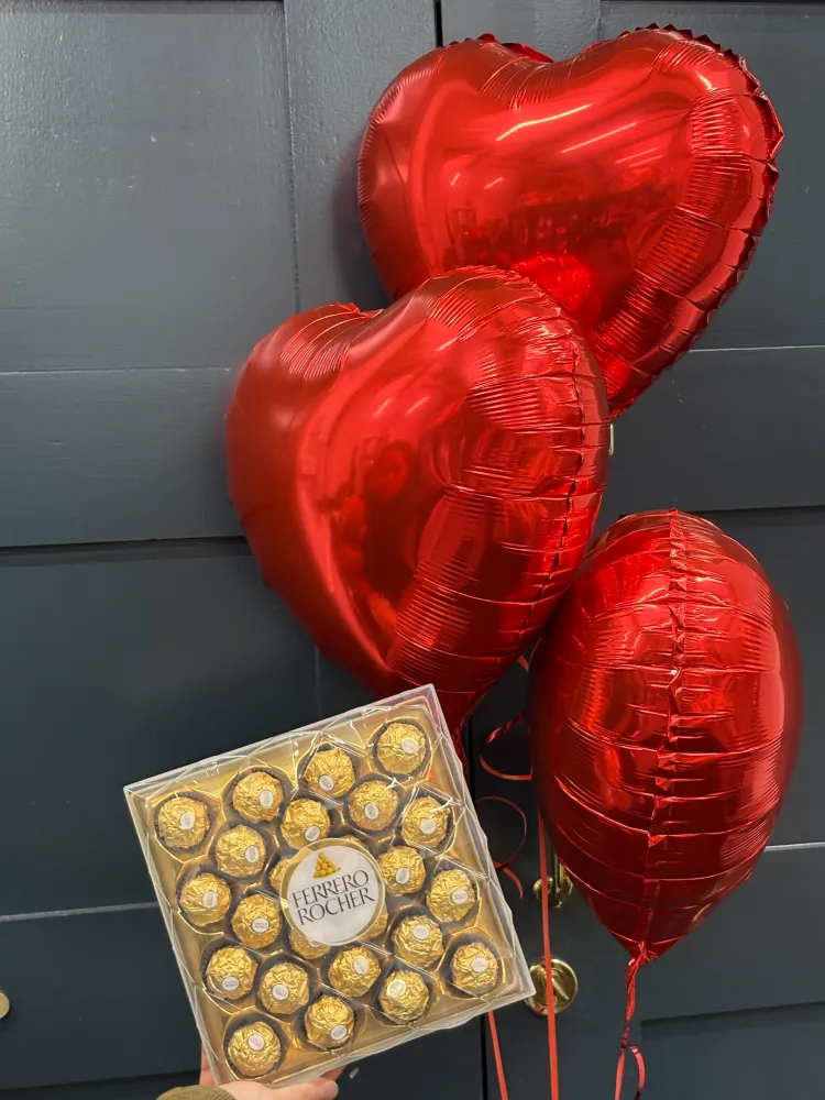 Three red heart foil balloons with luxury Ferrero Rocher chocolates — Floritta