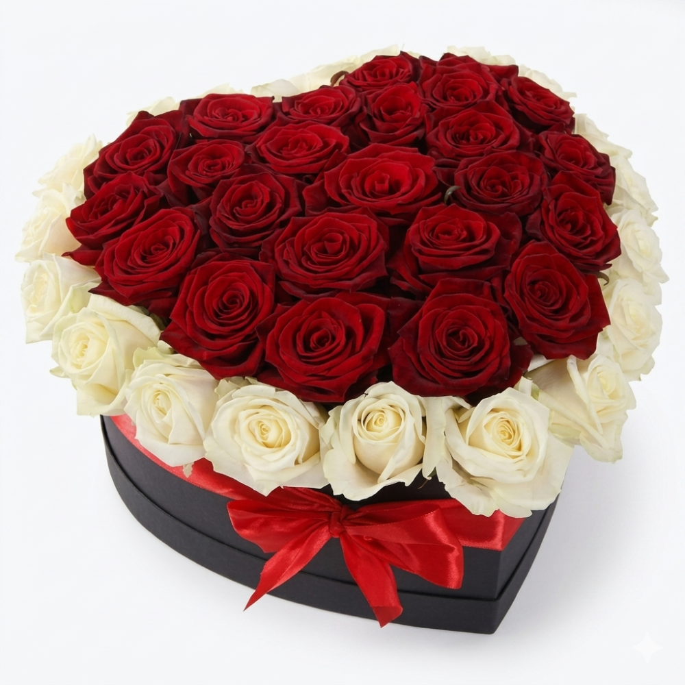 Luxury red and cream roses in black hat box with ribbon — Floritta